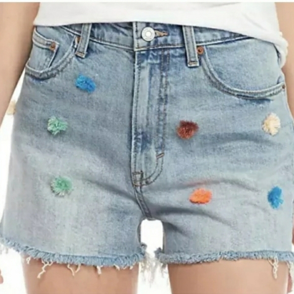 Lucky Brand Lucky Pins High Rise Multi Pom Pom Whiskered Light Wash Jean Shorts - Picture 11 of 12